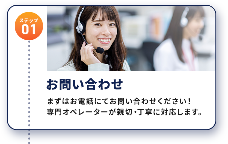 ステップ01 お問い合わせ：まずはお電話にてお問い合わせください！専門オペレーターが親切・丁寧に対応します。