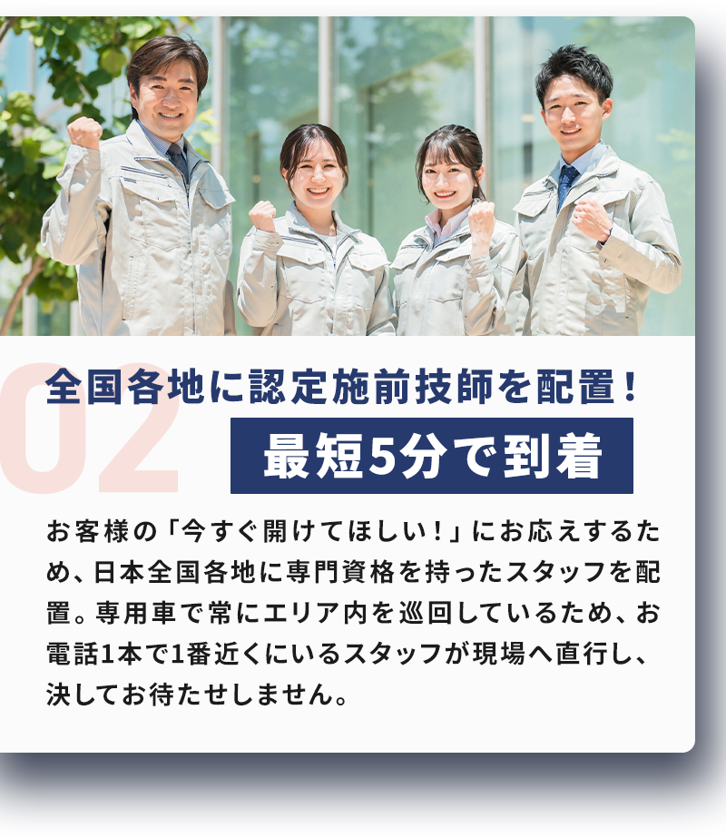 理由02 全国各地に認定施前技師を配置！最短5分で到着。お客様の「今すぐ開けてほしい！」にお応えするため、日本全国各地に専門資格を持ったスタッフを配置。専用車で常にエリア内を巡回しているため、お電話1本で1番近くにいるスタッフが現場へ直行し、決してお待たせしません。